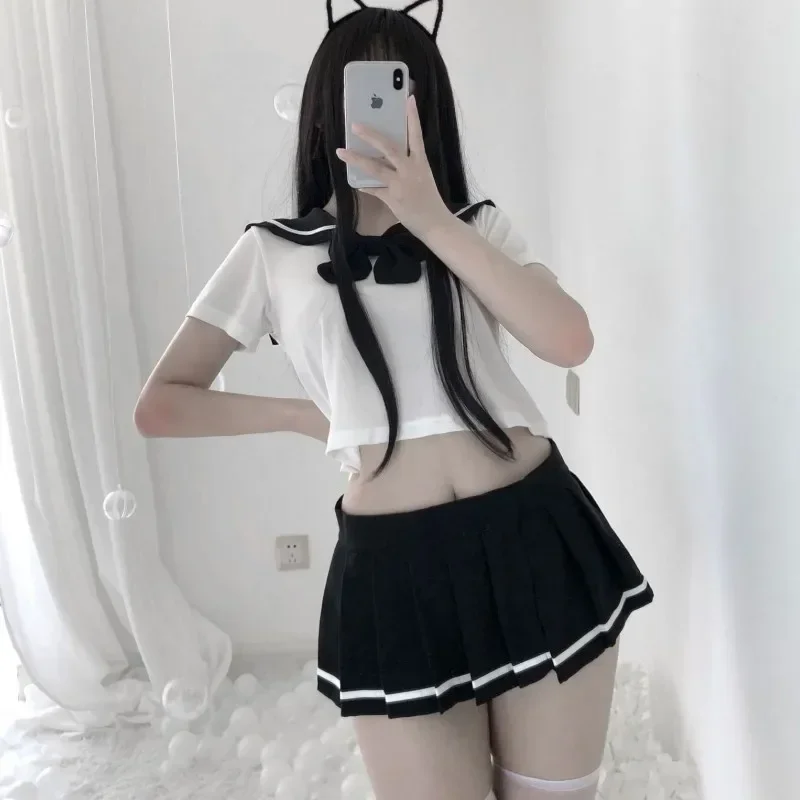 School Girl Cosplay Student JK Uniform Porn Costume Women Sexy Lingerie Crop Tops with Pleated Skirt Panties Set Role Play