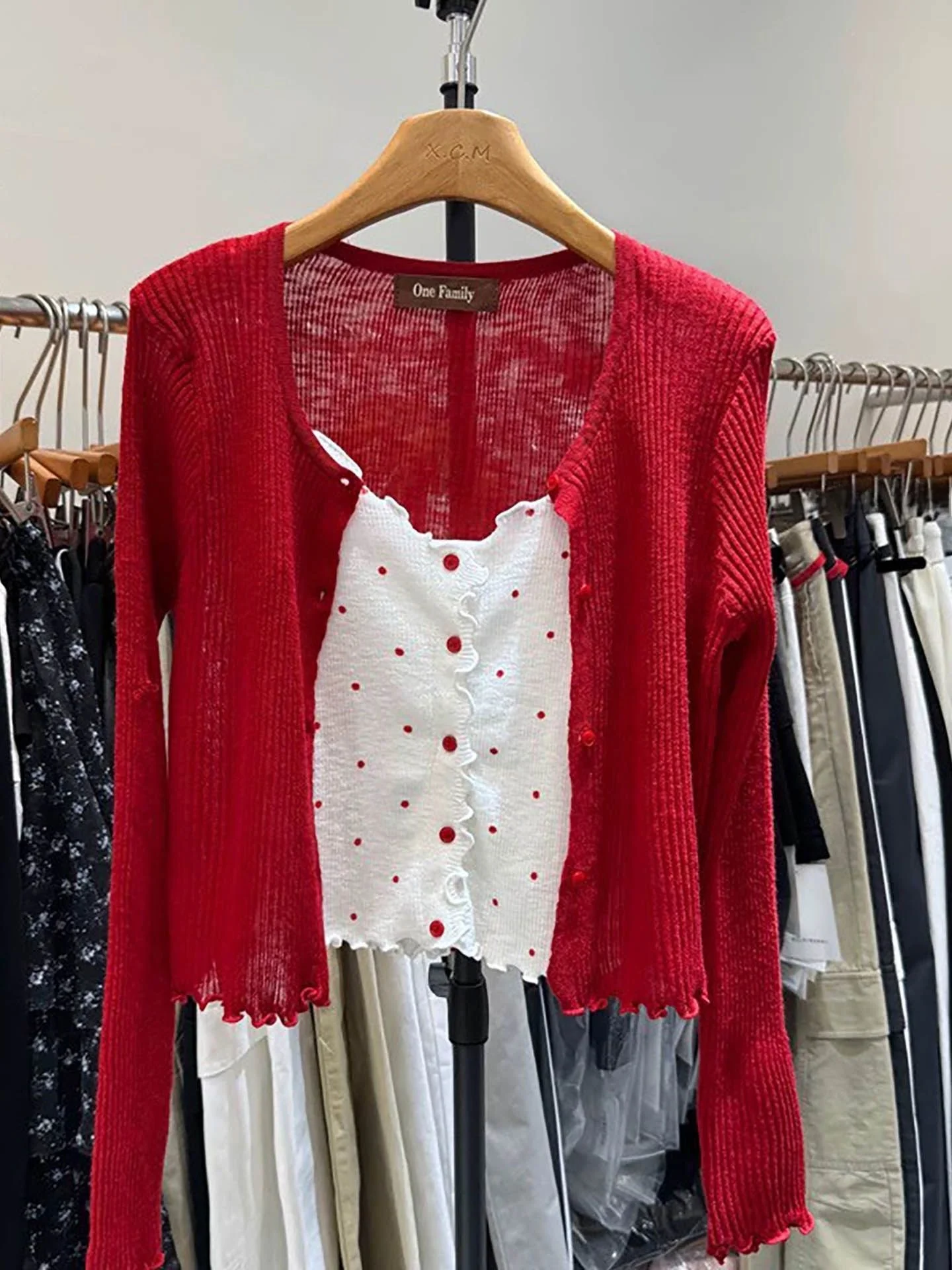 

Korean Style Women's Summer Red Sun Protection Knitted Hollow out Cardigan Polka Dot Top Bottom Set Fashionable Gentle Two-Pi...