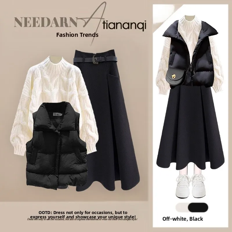 

Winter Faion Versatile Set Women's Loose Vest Knitted Sweater High Waist Skirt Tee Piece Suit Commute Sle Ensemble