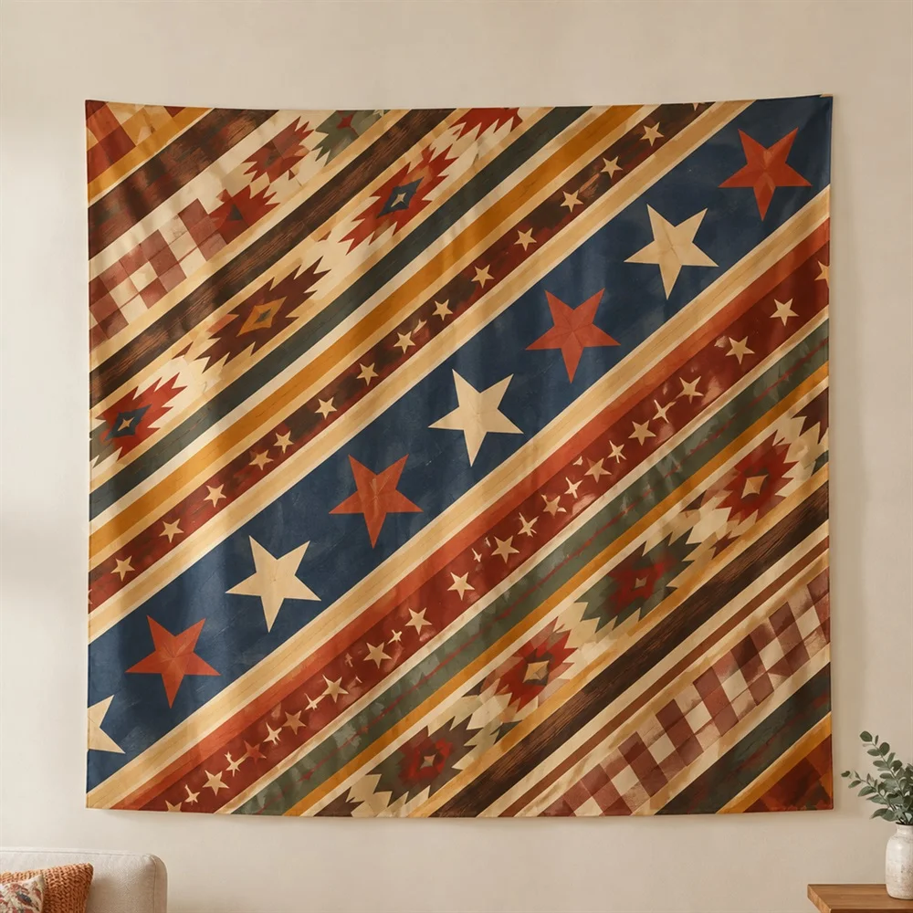 VIKAMA Star and Stripe Geometry Diagonal Flow Tapestry Wall Hanging, American Wall Decor Tapestries for Bathroom Bedroom