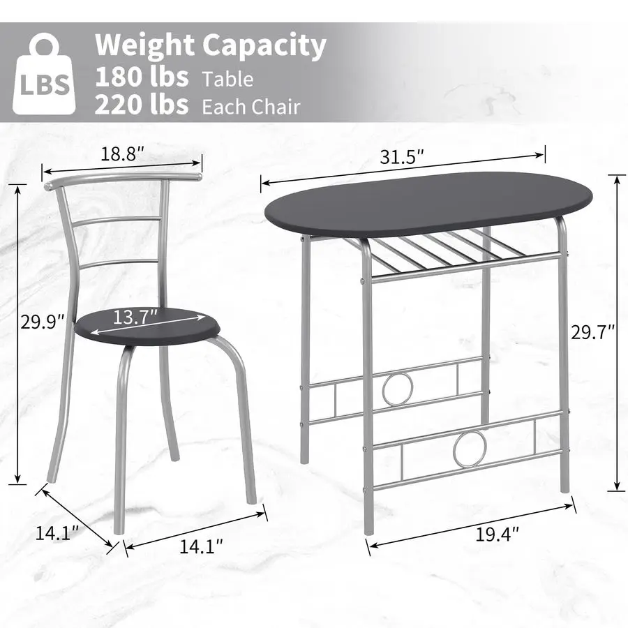 3Piece Dining Table Set for Kitchen Breakfast Nook, Wood Grain Oval Tabletop and Metal Frame with Builtin Wine Rack, for Small S