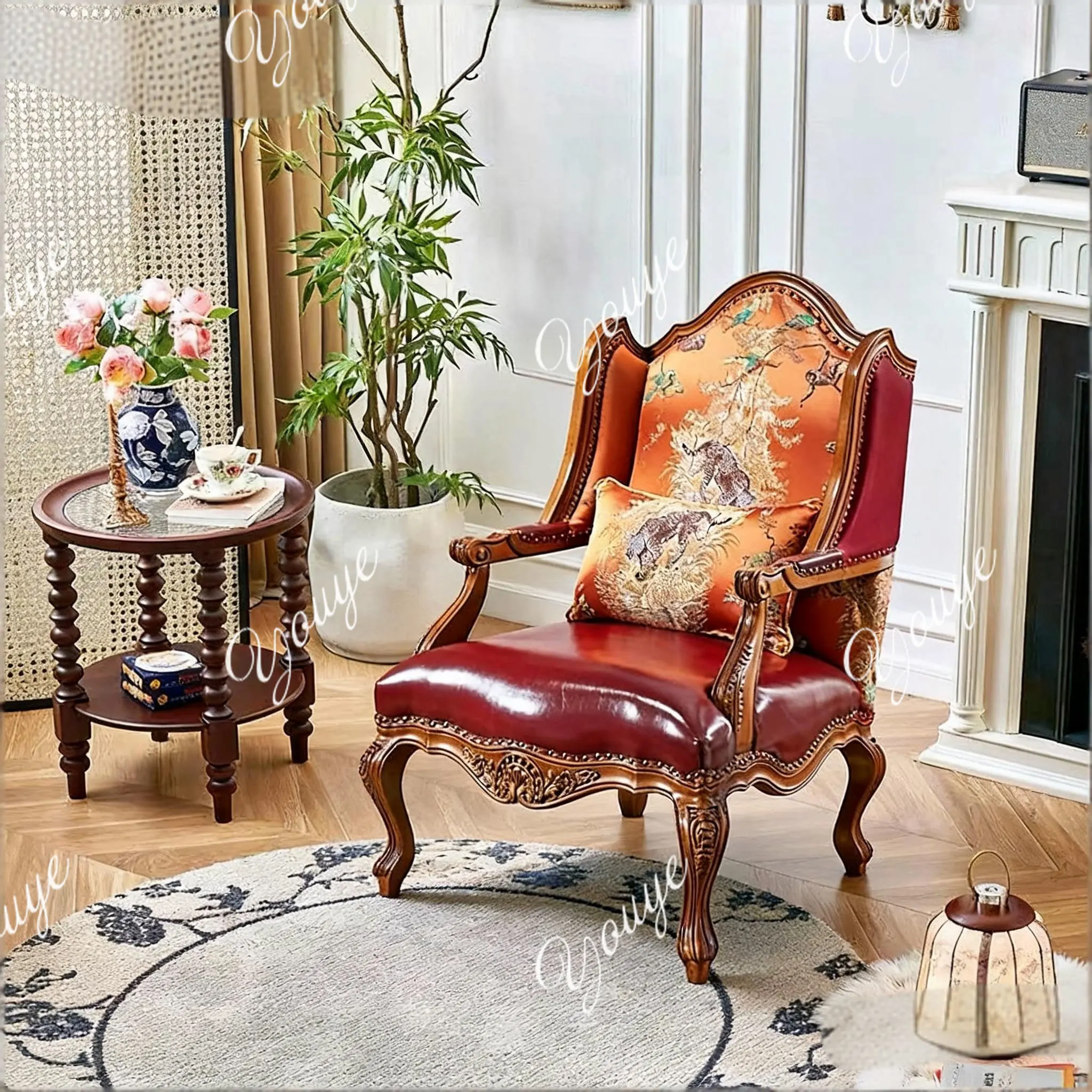 

American solid wood leisure chair high-end leather single sofa, European solid wood living room negotiation chair