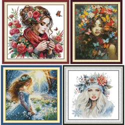 Joy Sunday News Embroidery Kit for Girls - Printed Easy Pattern Cross Stitch Set with Aida Fabric -Beautiful Girl with Flowers