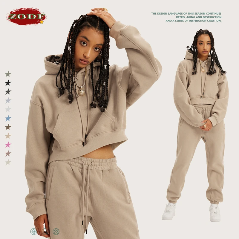 

ZODF Chic Sexy Women Super-short Fleece Cropped Hoodies Girl Female Hip Hop Loose 345gsm Solid Hooded Pullover Streetwear HY0340