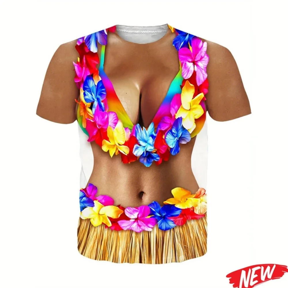 Funny Hawaii Hula Dancer 3D Print T‑Shirt, Tropical Aloha Floral Grass Skirt Breathable Short Sleeve Top For Beach Holiday Party