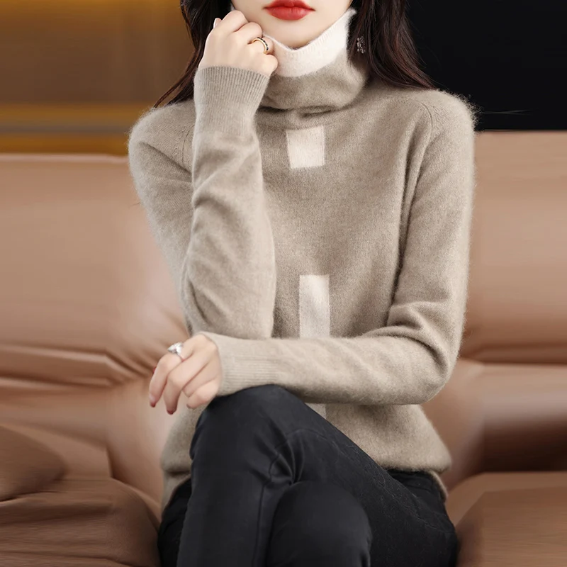 2023 Autumn and Winter New Women's Sweater 100% Mink Cashmere High Neck Knitted Pullover Korean Fashion Soft Women's Top