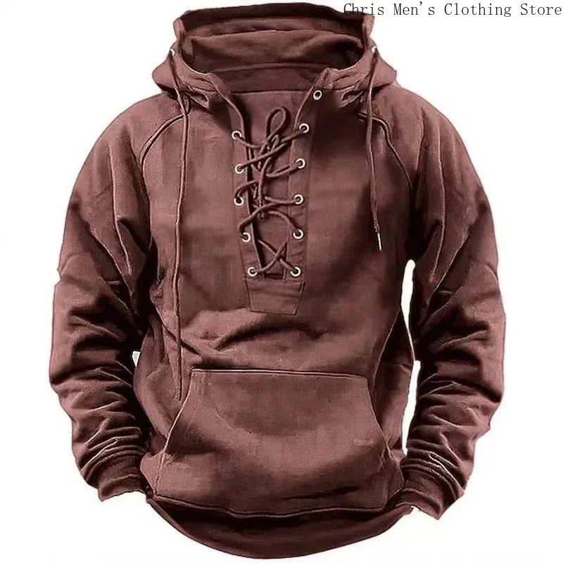 2024 Fall Trendy Mens Hooded Sweatshirts Lace-up Drawstring Long Sleeve Loose Hoodies Men Streetwear Vintage Solid Color Hoodie