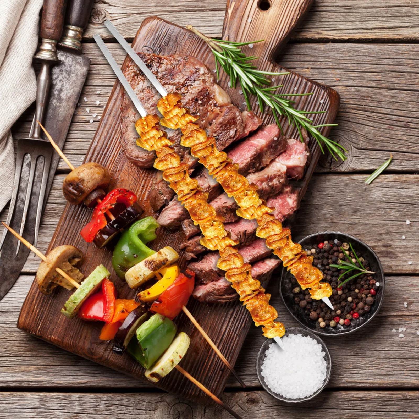 

1Set Barbecue Skewers Stainless Steel Flat Design Easy Clean Reusable Heat Block Non-Slip Bbq Skewer Grilling Accessories