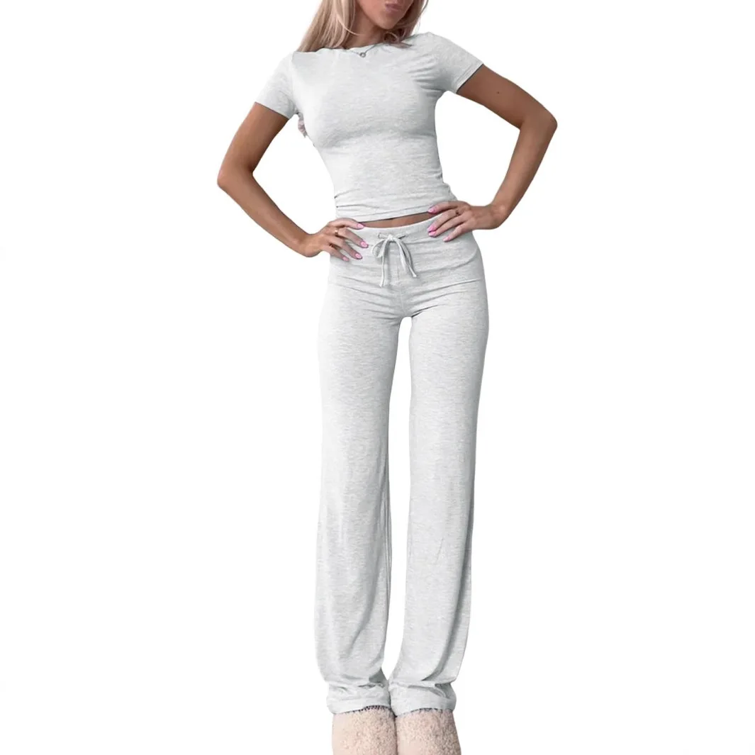 Solid Short Sleeve Long Pants Set Women's Casual Yoga Sportswear