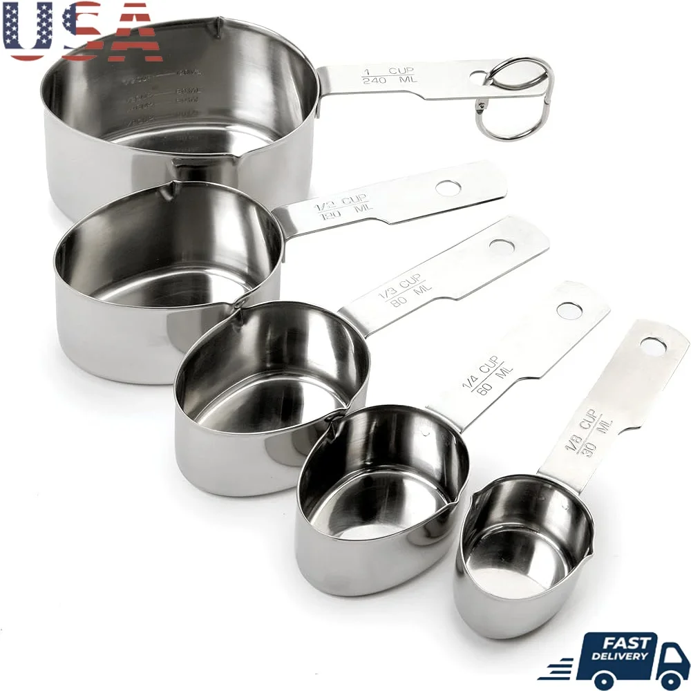 

Stainless Steel 5 Piece Measuring Cup Set Kitchen Tool Includes 1/8 1/4 1/3 1/2 1 Cup Durable Kitchenware