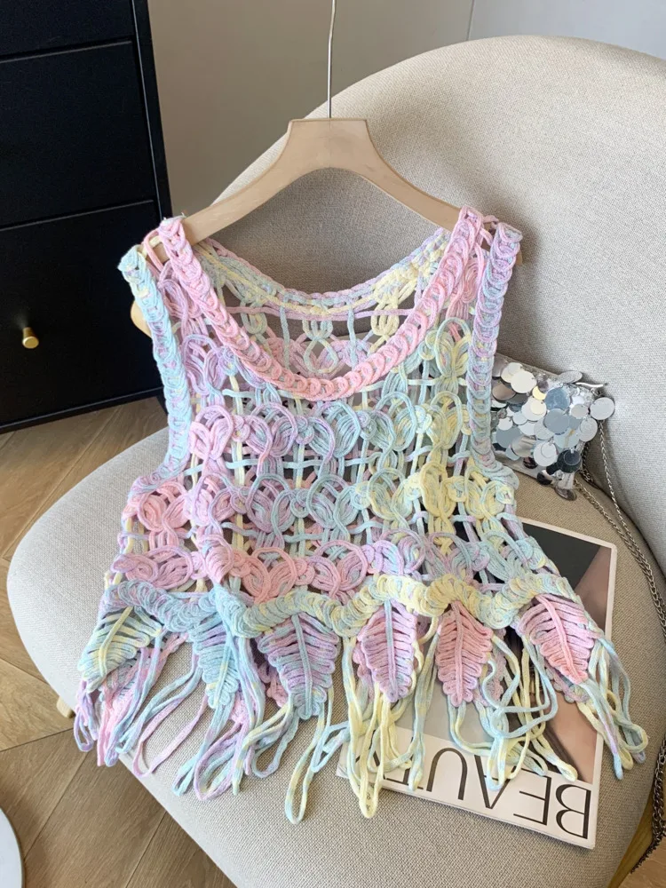 

Crochet Tank Top With Fringe Sleeveless Openwork Knit Vest Women Teen-girl Boho Summer Beach Festival Hollow Out Colorful Tops