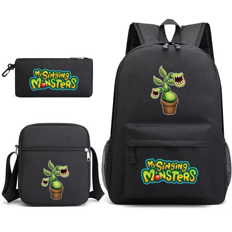 Cartoon Singing Plant Monster Print 3Pcs Backpack Set Student School Bag Include Crossbody Bag Boys Girls Large-capacity Bookbag