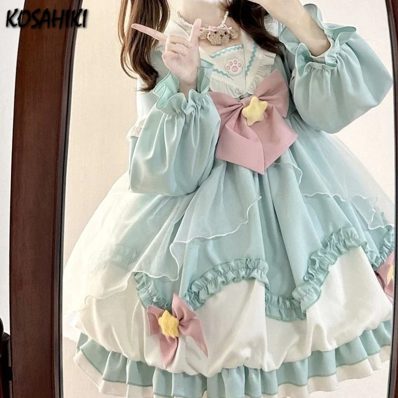 Lolita Kawaii Sweet Dress Women Y2k Aesthetic Contrast Color Dresses Harajuku Mesh Patchwork Retro Party Grunge Vestido 2024