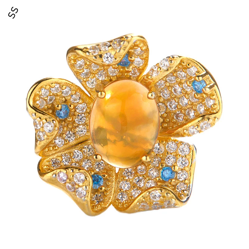 

S925 Sterling Silver Open Ring with Natural Opal Gemstone Flower Design Hand Jewelry Accessories for Women Fashion Charms