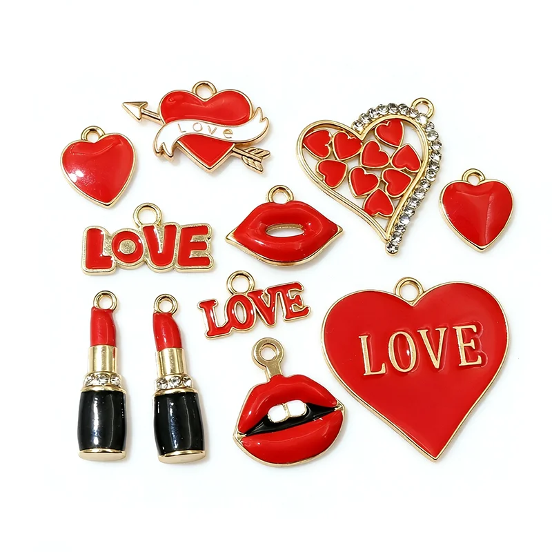 10pcs Red Enamel Charms Valentine's Day Heart Lips Lipstick Pendants For Necklace Earrings Bracelet DIY Jewelry Accessories