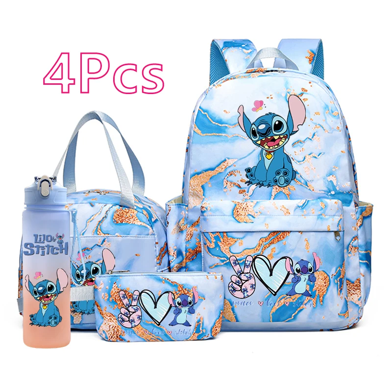 

4Pcs Lilo Stitch Backpack Girl Teen Student School Backpack Lunch Bag Pencil Bag Kid Water Cup 750Ml Outdoor Sports Water Bottle