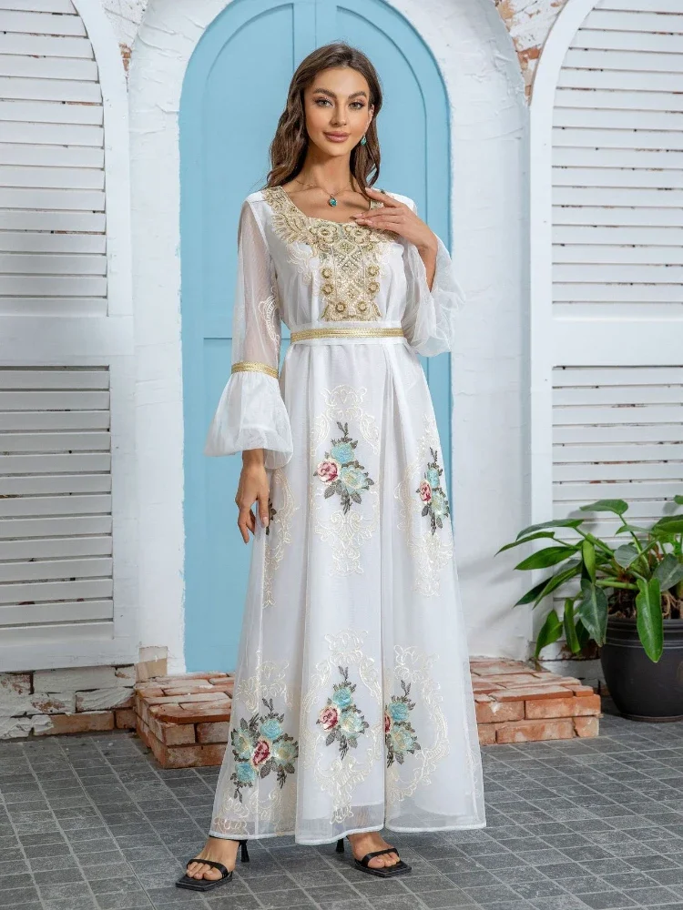 Eid Muslim Party Dress for Women Embroidery Flare Sleeve Abaya Sequins Lace-up Night Dresses Morocco Caftan Vestidos Largos 2024