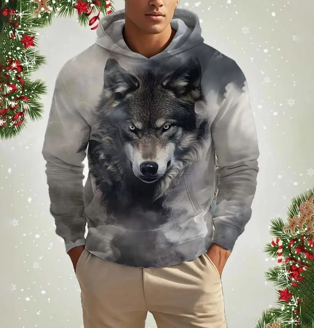 عيد الميلاد هوديي الرجال مقنعين الحيوان الذئب ثلاثية الأبعاد طباعة هوديس قمة الخريف البلوز المتضخم بلوزات طفل هوديي المرأة هوديي #4