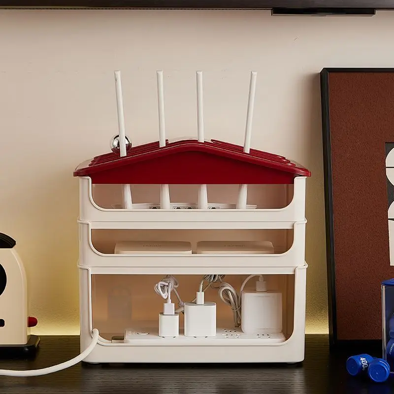 House Shaped Wifi Router Storage Box 3 Tier Plastic Cable Management Organizer for Home Office Desktop Charger Power Strip