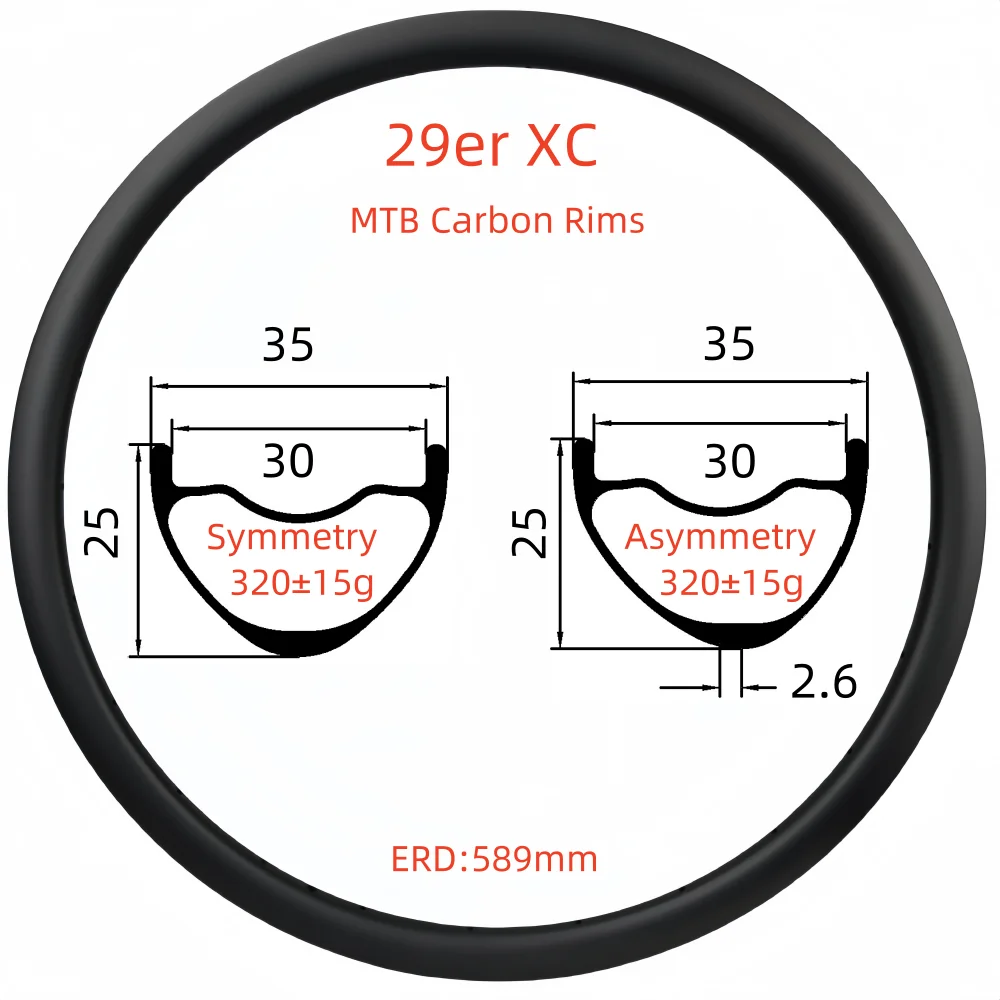 29er XC 25mm Depth 35mm Outer Wide 30mm Inner Wide Super Light Carbon Rim UD Hookless Carbon Rims Disc Brake