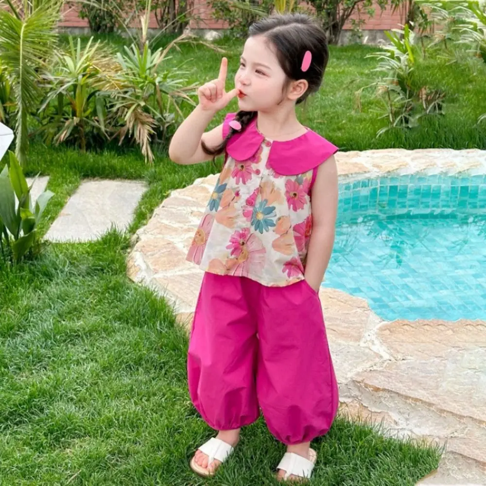 

Wide Leg Pants Girls Floral Suit Flip Collar Two Piece Set Floral Print Short Sleeve T-Shirt Comfortable Children Clothes Set