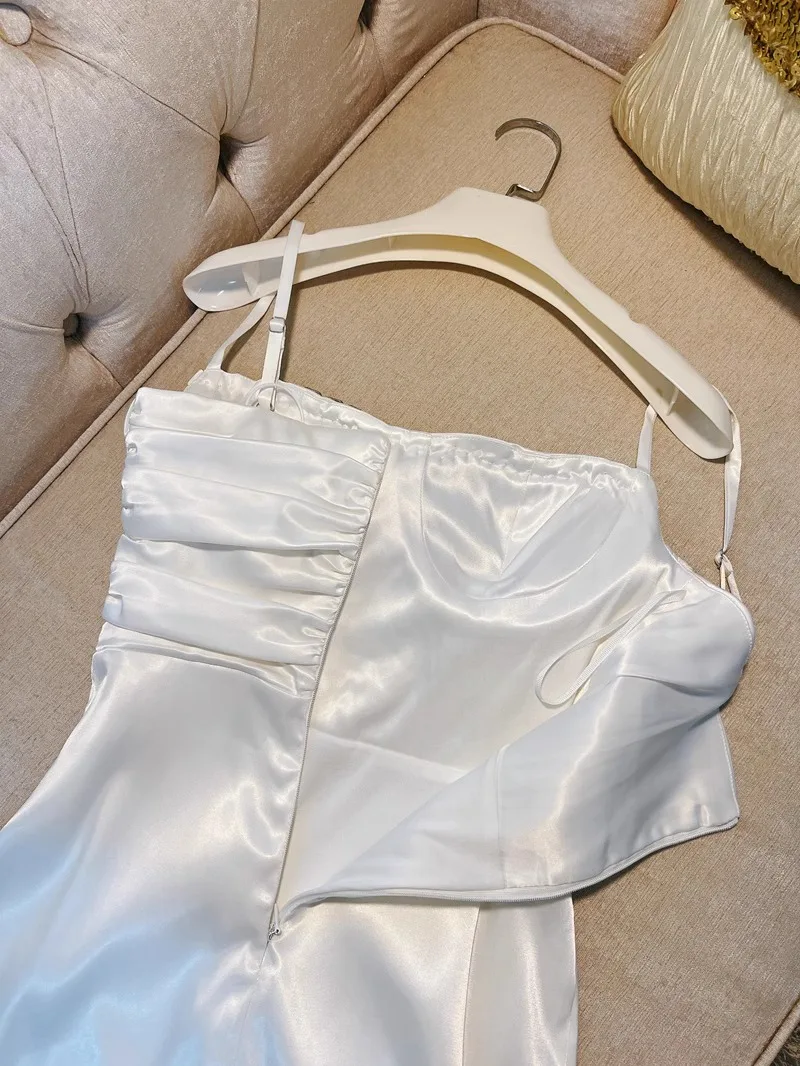 Ele branco plissado strapl dr feminino outono novo sle emagrecimento diamante colarinho vestido de baile longo dr tecido de cetim macio