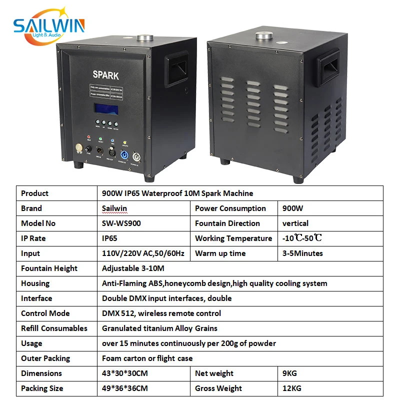 SAILWIN 900 واط آلة شرارة الباردة DMX الألعاب النارية اللامعة مع جهاز التحكم عن بعد 900 واط آلة سباركولر لحفل الزفاف