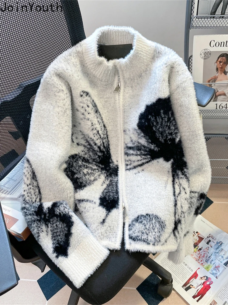 Vintage Cardigan Jackets Women Clothing Zipper Stand Neck Pull Femme Sweet Butterfly Fashion Knitting Sweaters Tops Sueter Mujer