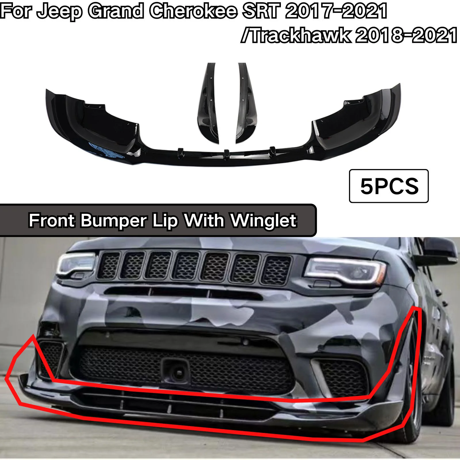 Front Bumper Lip With Winglet For Jeep Grand Cherokee SRT 2017-2021/Trackhawk 2018-2021 Car Accessories Glossy Black 5PCS