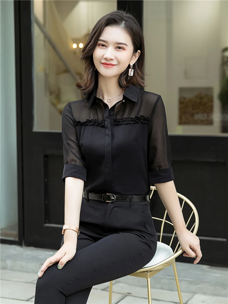 Women\'s Blouse Half Sleeve Shirt Chiffon blus Summer 2021 Fashion See-through Female Elegant Office Ladies Plus Size Work Tops