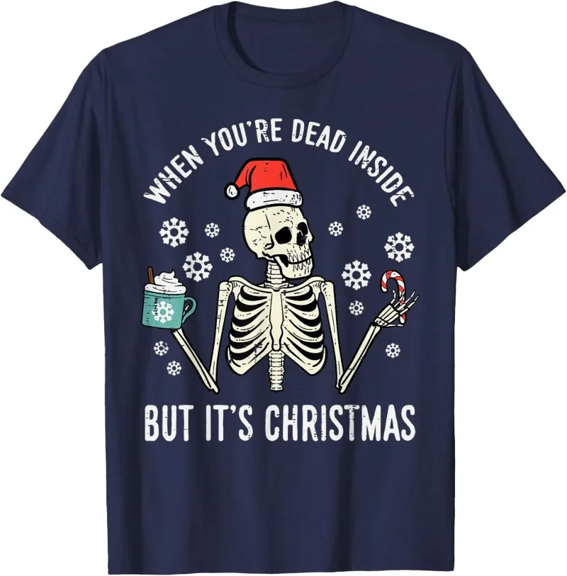Dead Inside But Its Christmas Skeleton Coffee Xmas Coton T-Shirt Hommes et Femmes Col rond Manches Courtes Chemises Décontractées pour Femmes