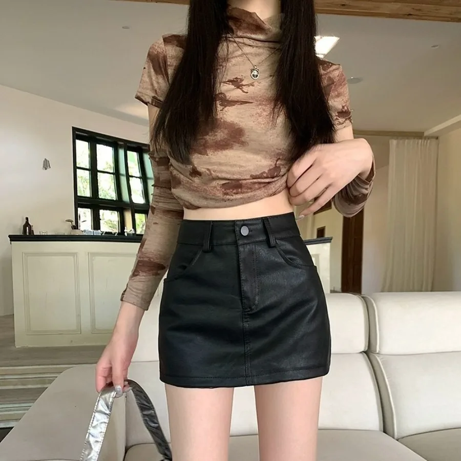 

【HOT】pu skin short skirt women spring and autumn Korean new hot girl high waist slimming bag buttocks A-shaped half body skirt