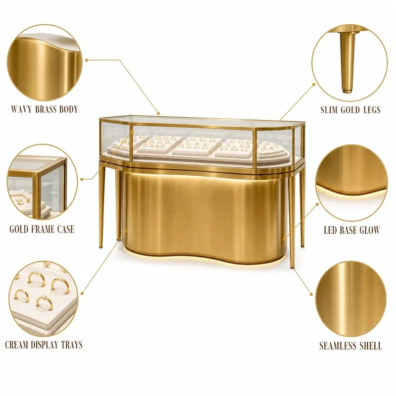 custom.Custom Premium Champagne Gold Jewelry Display Cabinet Set with Showcases Complete Store Setup Luxury Jewelry Store
