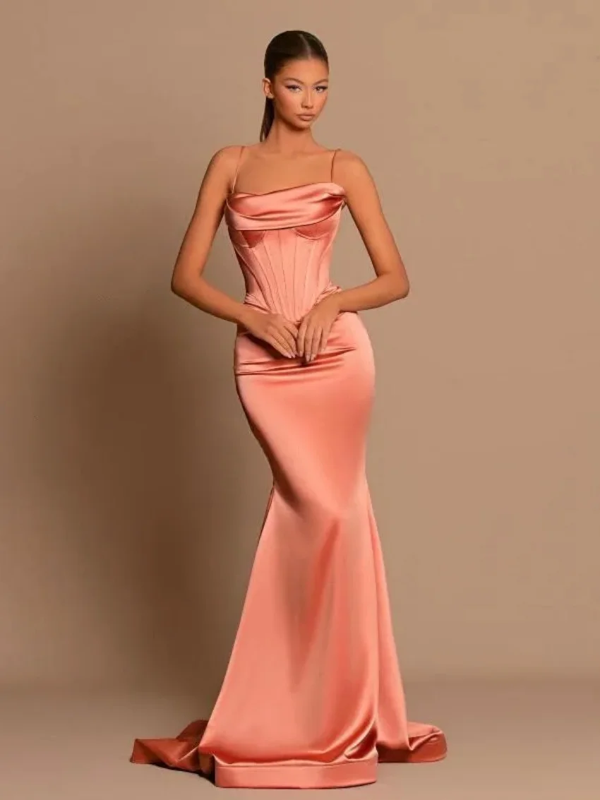 Rose gold bridesmaid dress new sexy spaghetti strap fishtail pleat ruffle long bridesmaid dress Formal Evening Prom Dresses