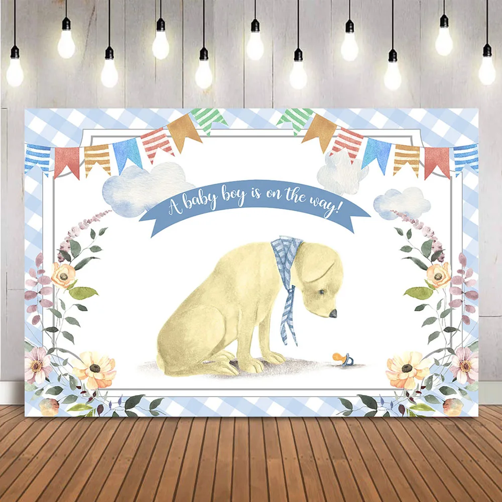 Labrador Baby Shower Backdrop A Baby Boy is on The Way Retriever Dog Photo Background Newborn Children Kids Photo Booth Backdrop