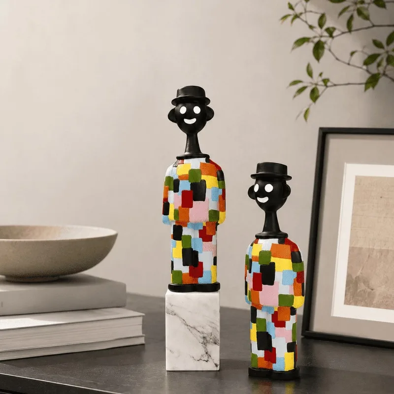 Colorful Cartoon Smiling Gentleman Sculpture Cute Checkerboard Pattern Resin Figurine Chinese Style Lucky Desktop Ornament For