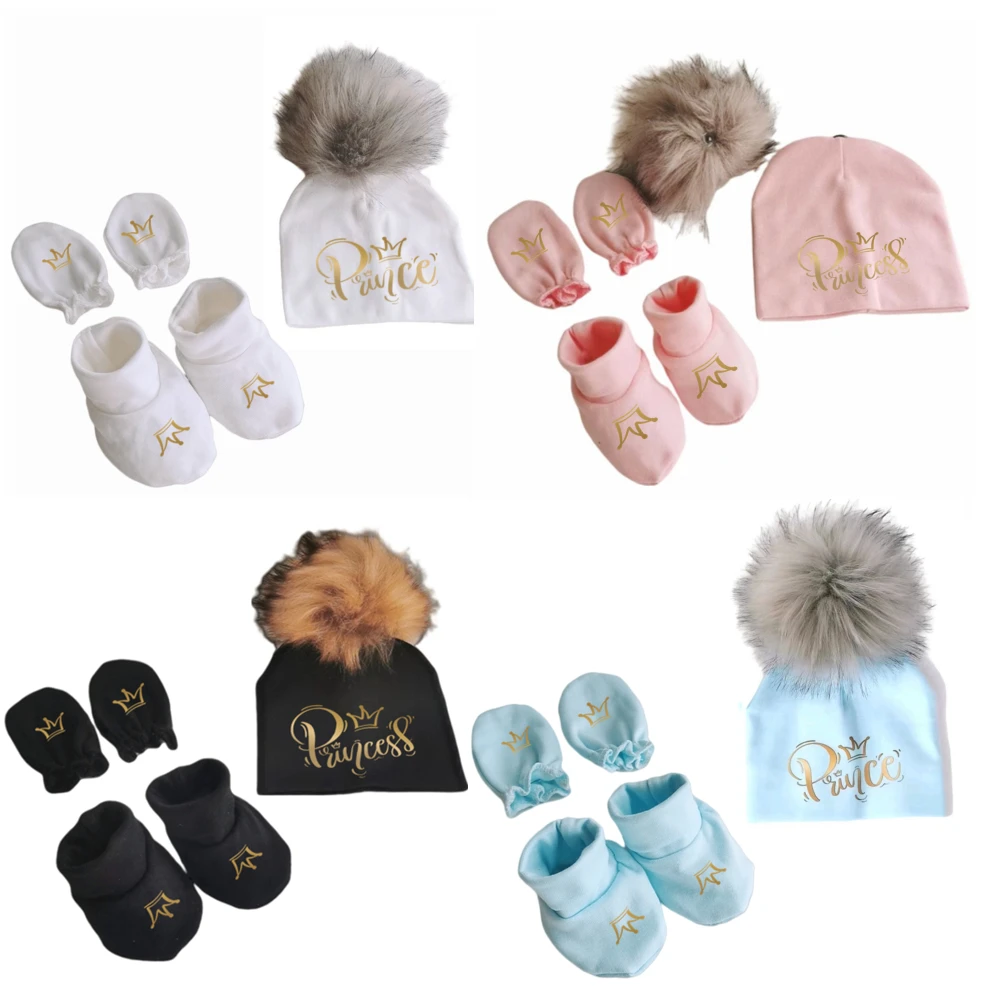 newborn baby hat gloves foot covers set photography props cotton beanie with detachable pompom hat beanie bonnet princess prince