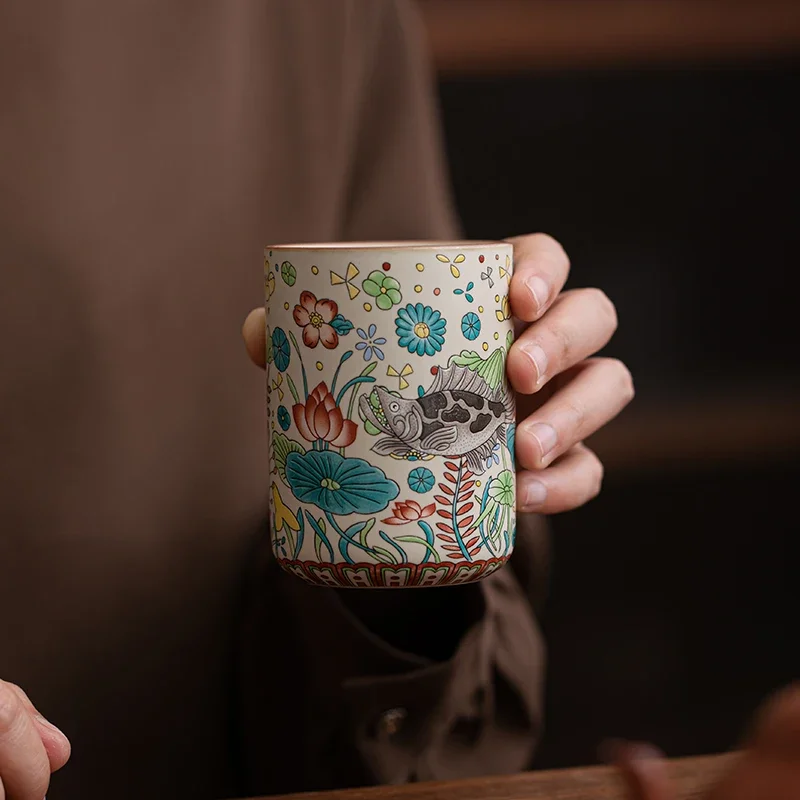 Ru Kiln Fish and Algae Pattern Master Cup Water Cup Kung Fu Teacup Cola Ceramic Large Beer  High-end Personal Use