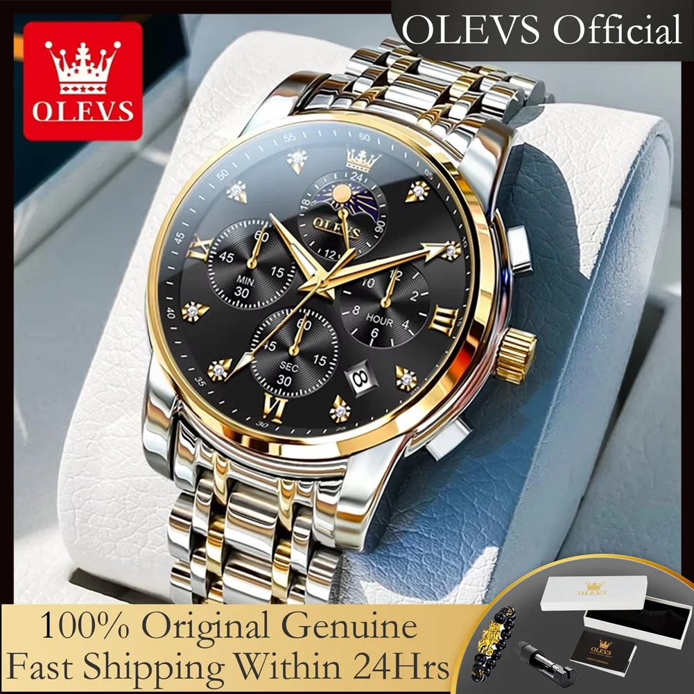 

OLEVS 3655 Оригинальные кварцевые часы для мужчин Moon Phase Мужские часы 2025 Новые элегантные роскошные многофункциональные мужские часы с 7 стрелками