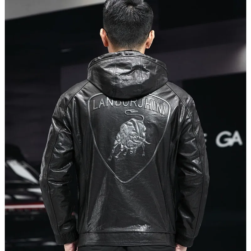 2023 New Faux Leather Mixed Artificial Leather Men Short Hood Biker Leather Jacket Youth Fashion Handsome SlimFit Printed Jacket