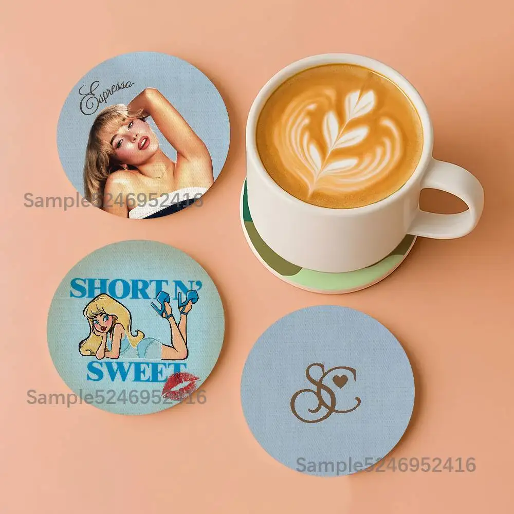

S-Sabrina Carpenter Mans Best Friend Pattern Art Coasters Round Wooden Heat Resistant Non-Slip Home Decor Gift Multifunctional