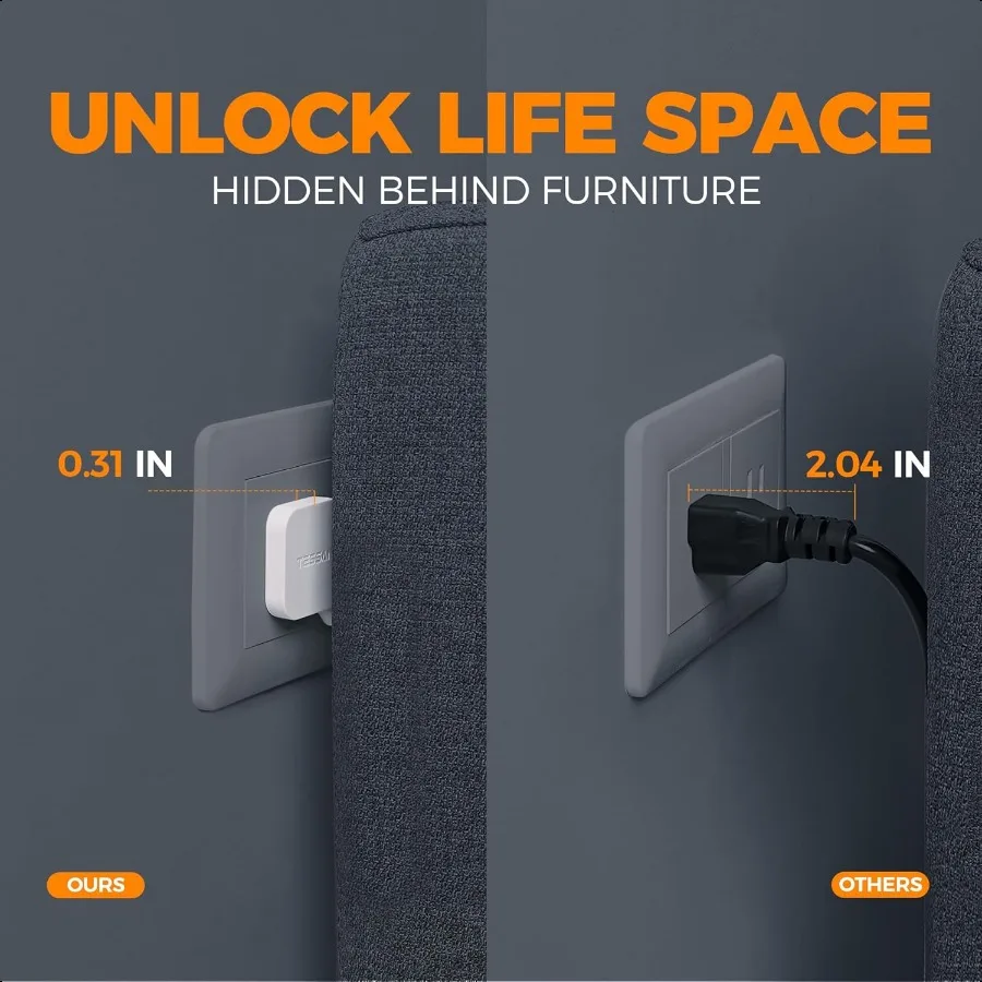 Ultra Thin Flat Extension Cord 5 FT TAN Slim Power Strip with USB Ports 1 USB C Surge Protector Flat Plug Wall Charger with 3 O