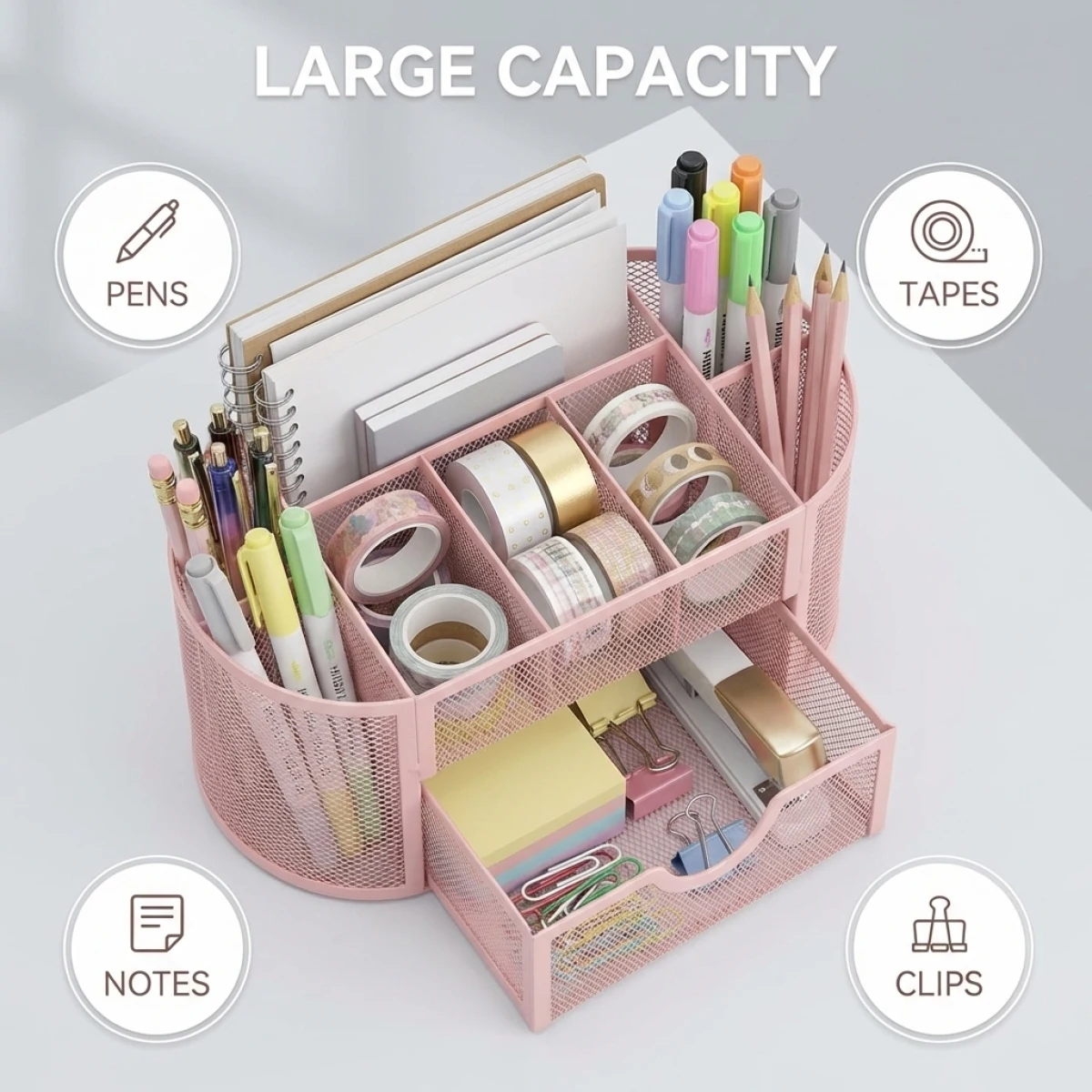 Desktop Pen Holder Organizer with Drawer Metal Mesh Pencil Stand Cup for Office Desk Supplies Storage Home Workstation