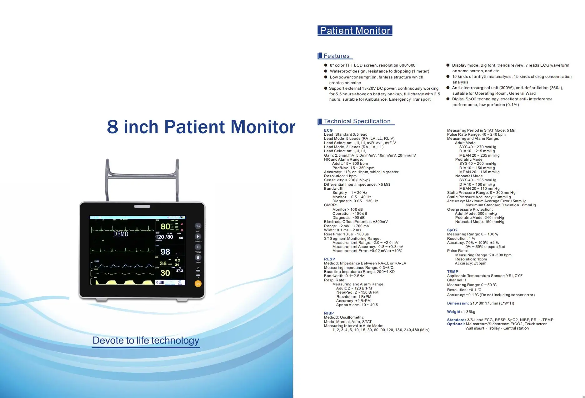 5in 7in 8in Hospital ICU Six Parameters Human Or Veterinary Instrument Multi-Parameter Vital Signs Patient Monitor