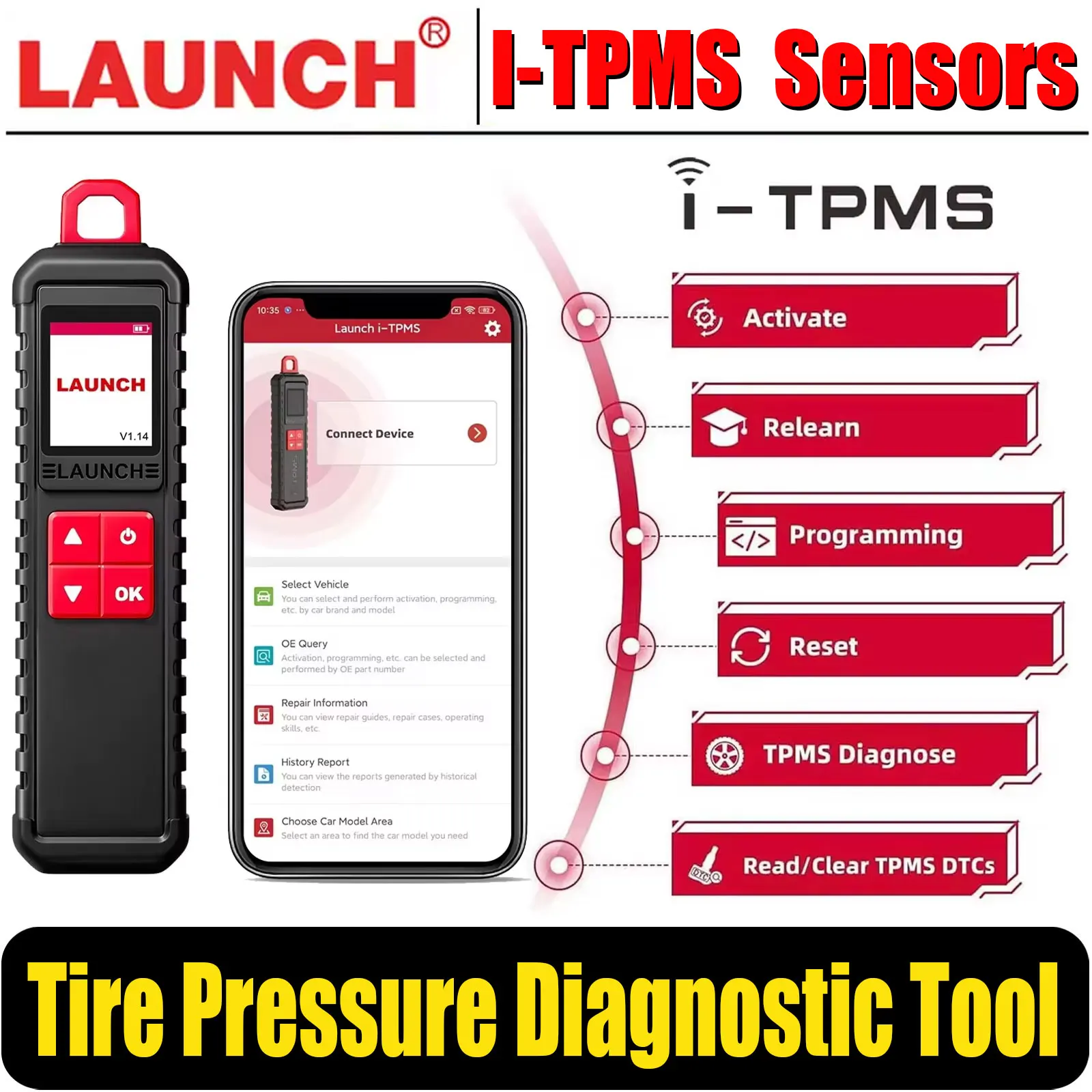 LAUNCH I-TPMS Tire Pressure Diagnostic Tools Relearn/Reset/Program Tool TPMS sensors Supports All 315/433MHz Tire Sensors Tool