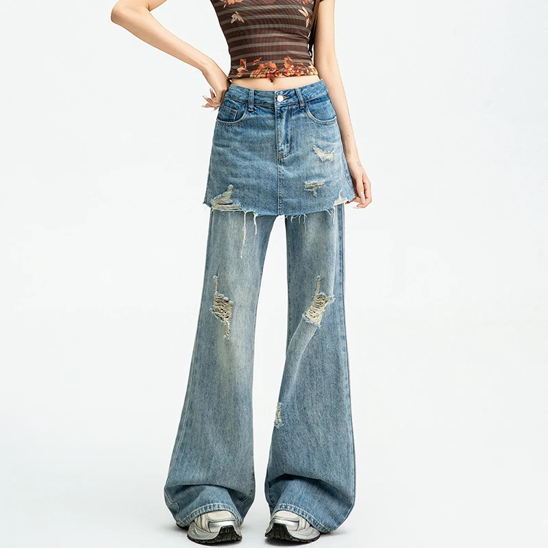 Women Fake Skirt Jeans High Waist Ripped Frayed Flared Denim Pants 2 In 1 Skirt Overlay Vintage Grunge Y2K Streetwear Loose Fit