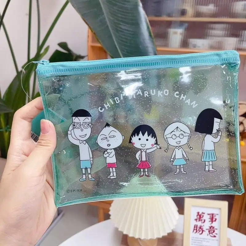 20Cm Chibi Maruko-Chan Transparent Blue Pvc Single-Layer Zipper Storage Bag Pencil Case Travel Makeup Bag Girl's Birthday Gift