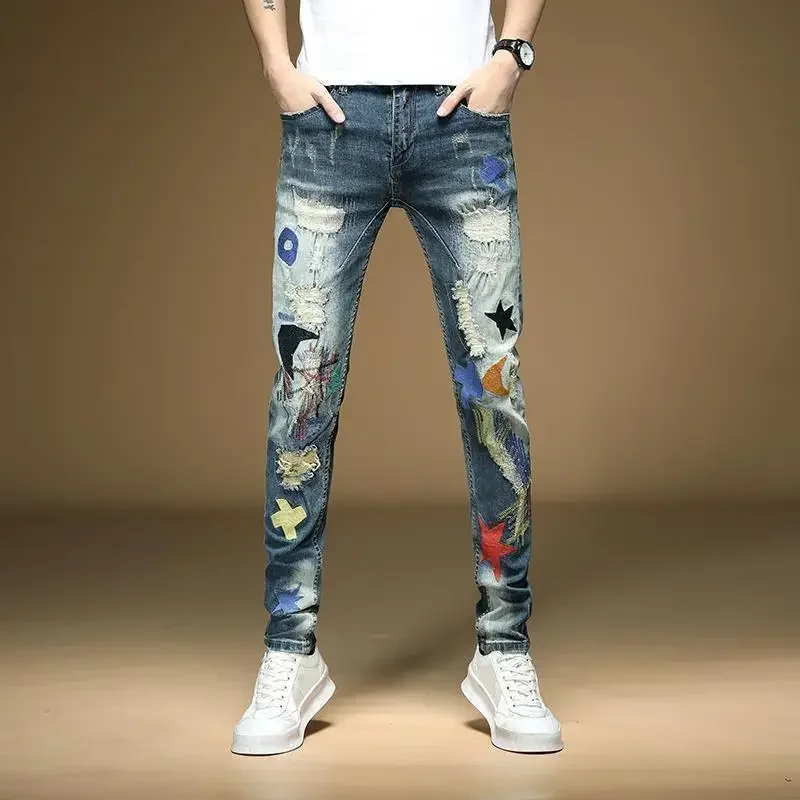 Male Cowboy Pants Torn Star Trousers with Holes Jeans for Men Broken Embroidery Ripped Cropped Korean Fashion Washed Casual Soft