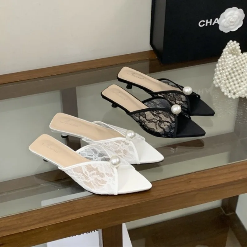 

Women's Sandals 2026 Summer Pearl Fashion Slippers Luxury Mesh Fine Heels Women Shoes High Heels Designer Shoes Zapatos De Mujer