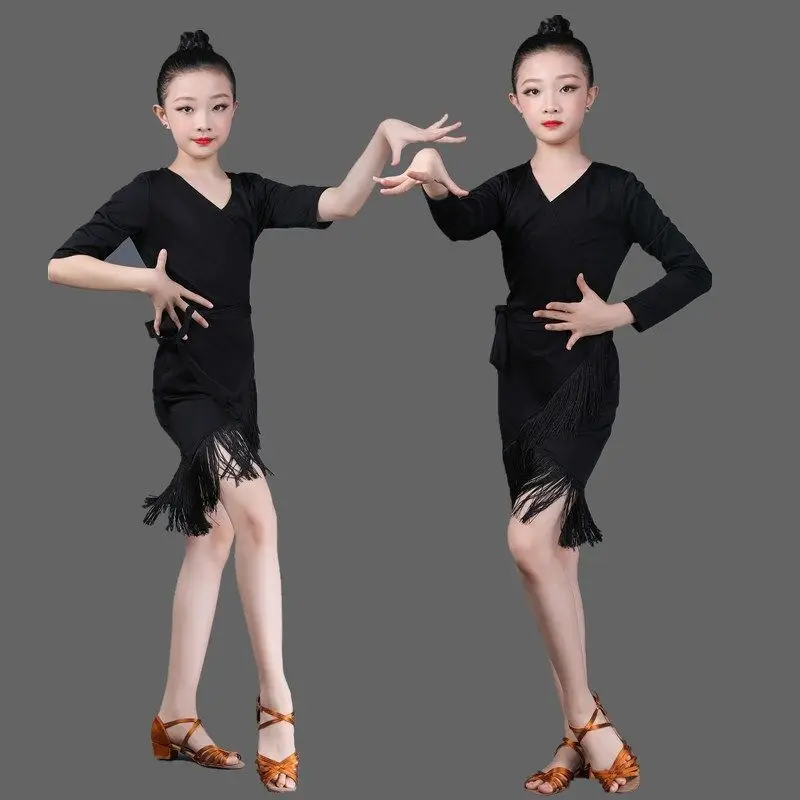 Novos trajes de dança latina, roupas de prática, saias infantis de uma peça, roupas de desempenho de competição com franjas femininas